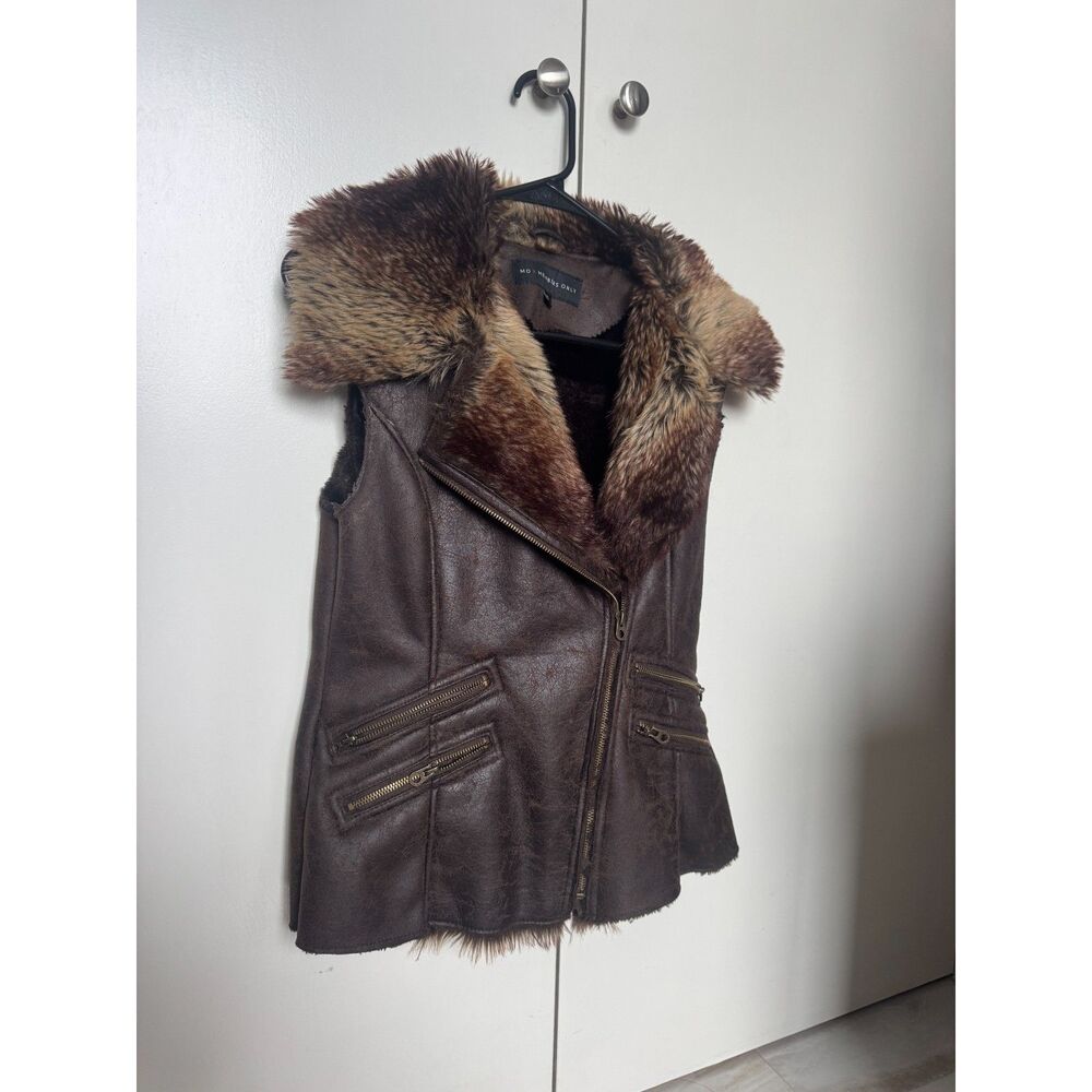 intage MO/Members Only Brown Fur-Lined Collar Faux Leather Vest Sz S V Neck